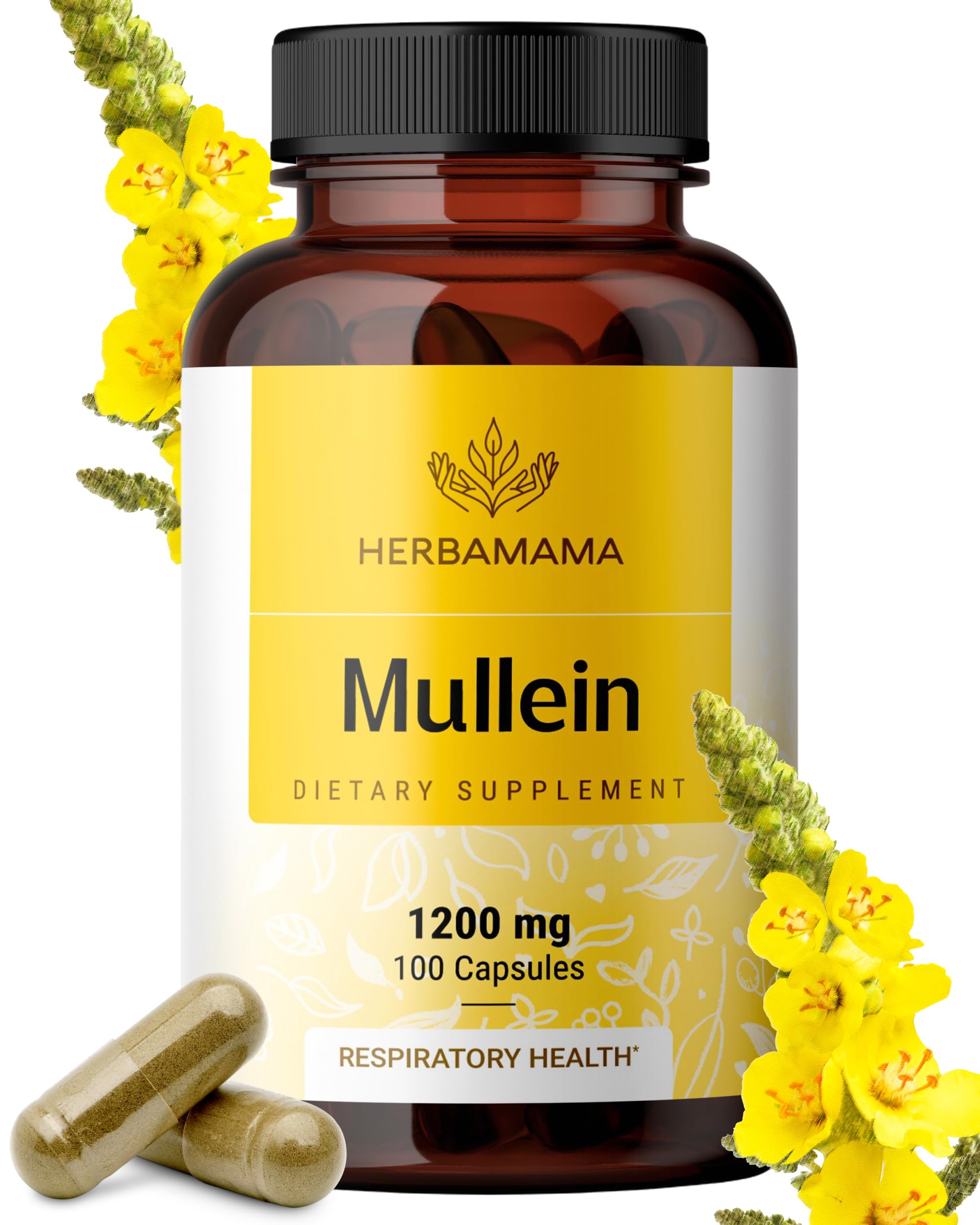HERBAMAMA Mullein leaf capsules bottle – convenient vegan lung support for busy days.