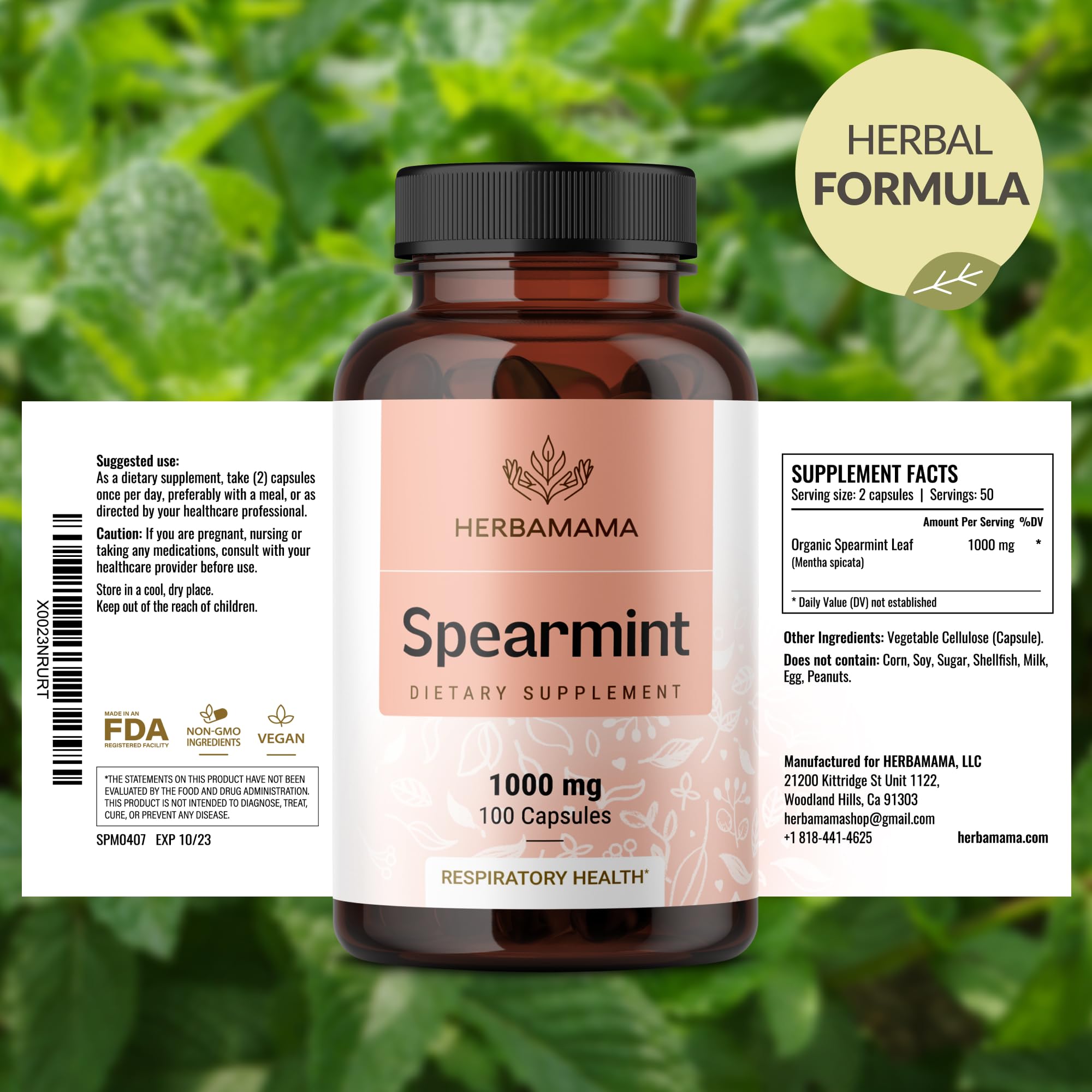 HERBAMAMA Spearmint bottle on a clean kitchen counter, premium packaging.