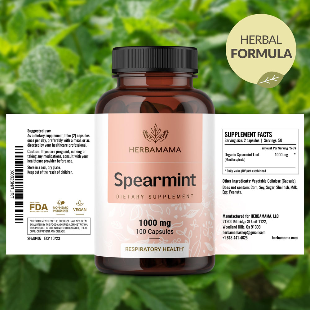 HERBAMAMA Spearmint bottle on a clean kitchen counter, premium packaging.