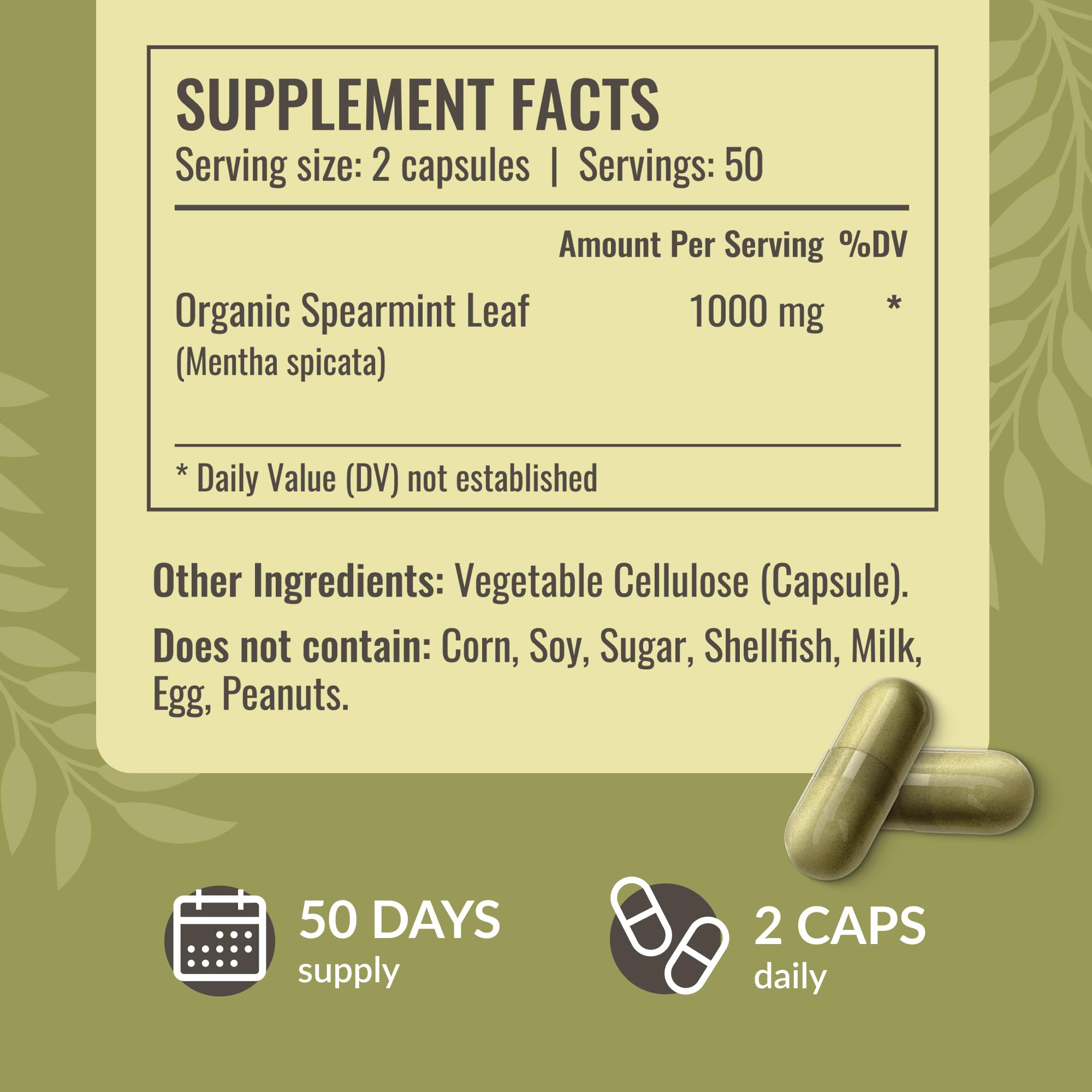 HERBAMAMA Spearmint bottle label emphasizing 1000 mg per serving and 50-day supply.