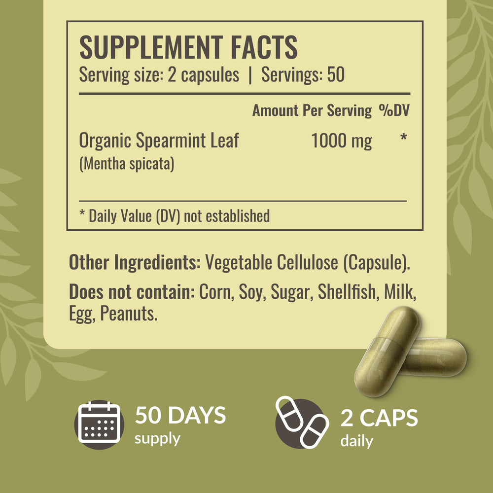 HERBAMAMA Spearmint bottle label emphasizing 1000 mg per serving and 50-day supply.