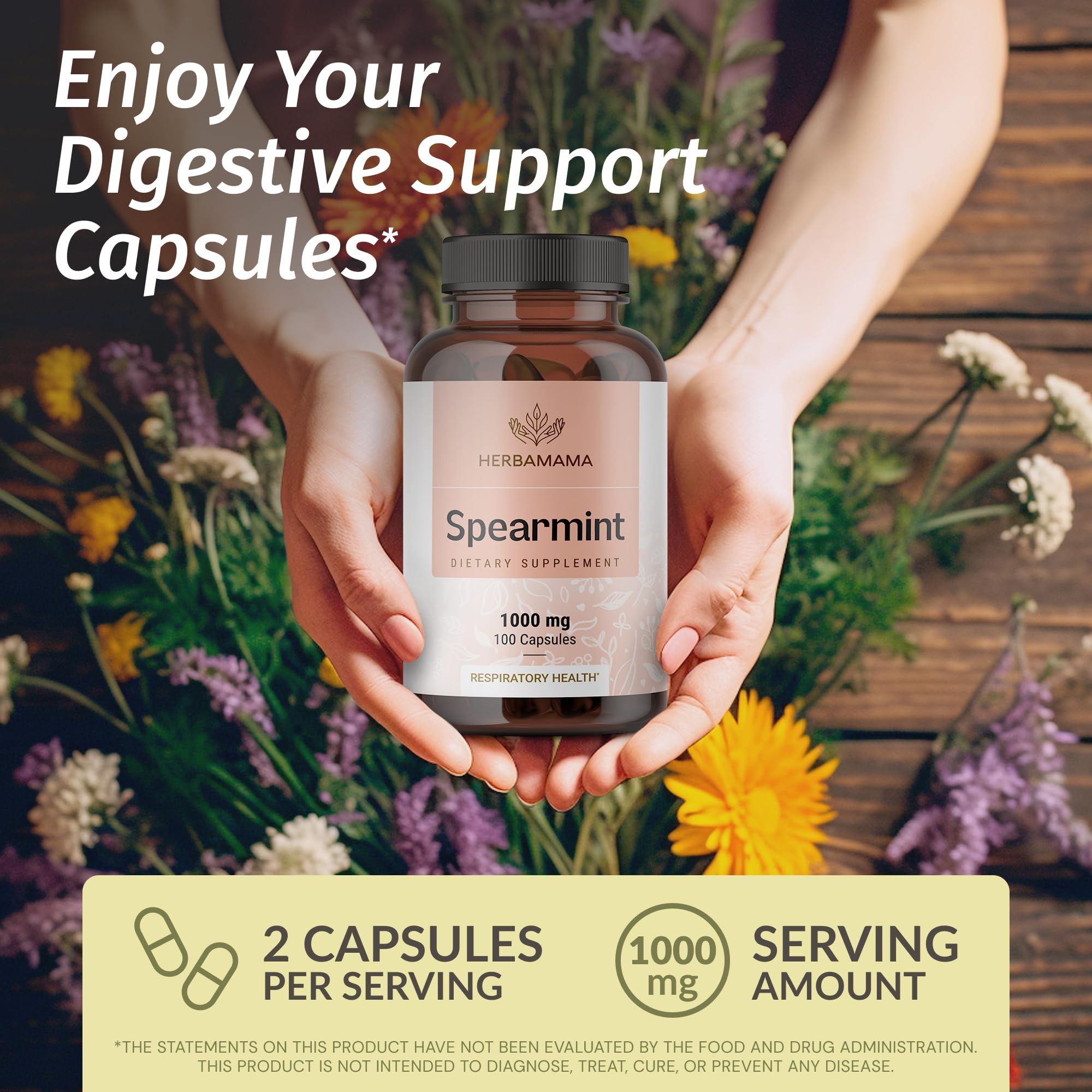 HERBAMAMA Spearmint capsules leaves visual, highlighting natural, GMO-free ingredients for everyday wellbeing.