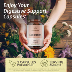 HERBAMAMA Spearmint capsules leaves visual, highlighting natural, GMO-free ingredients for everyday wellbeing.