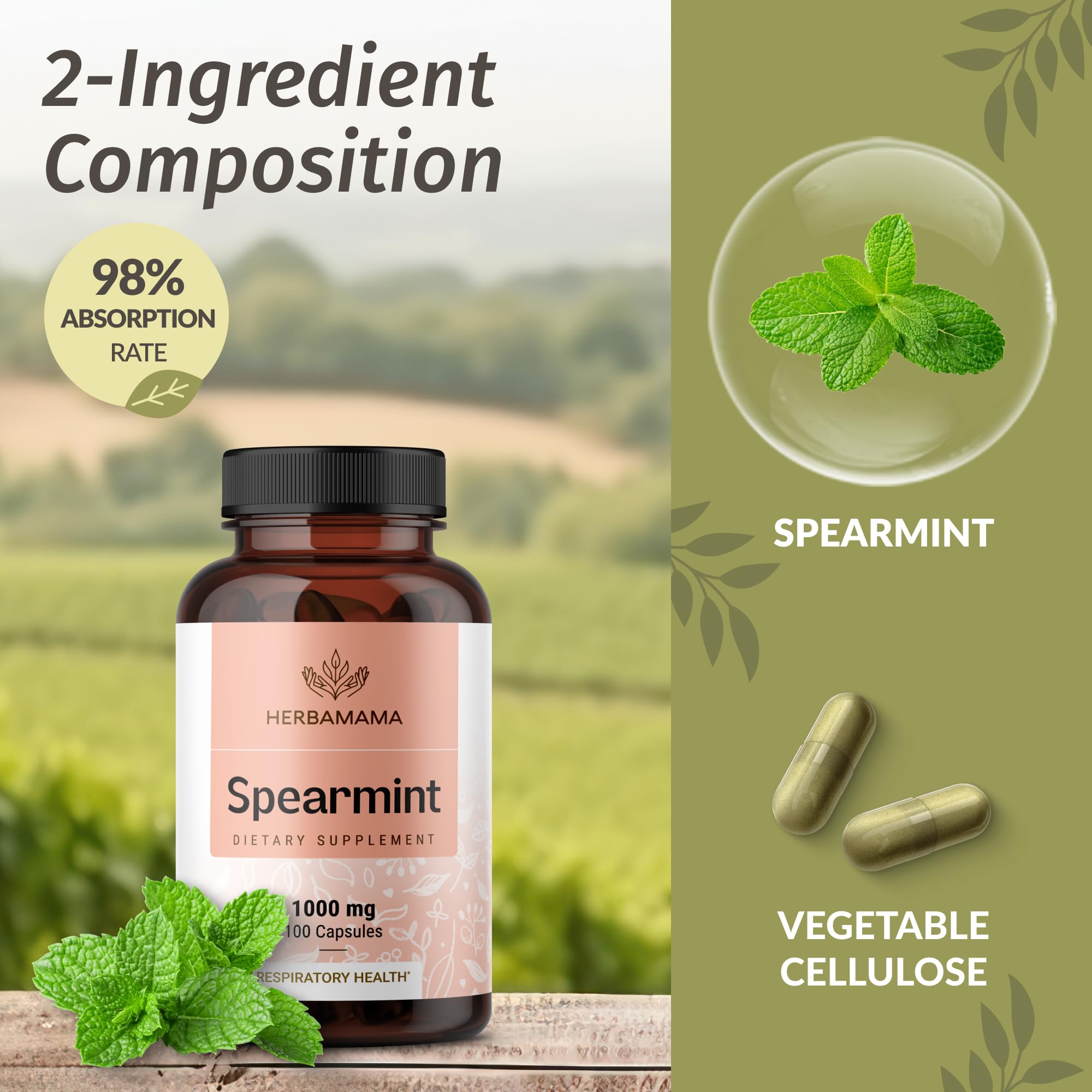 HERBAMAMA Spearmint capsules travel scene with water bottle for on-the-go use.