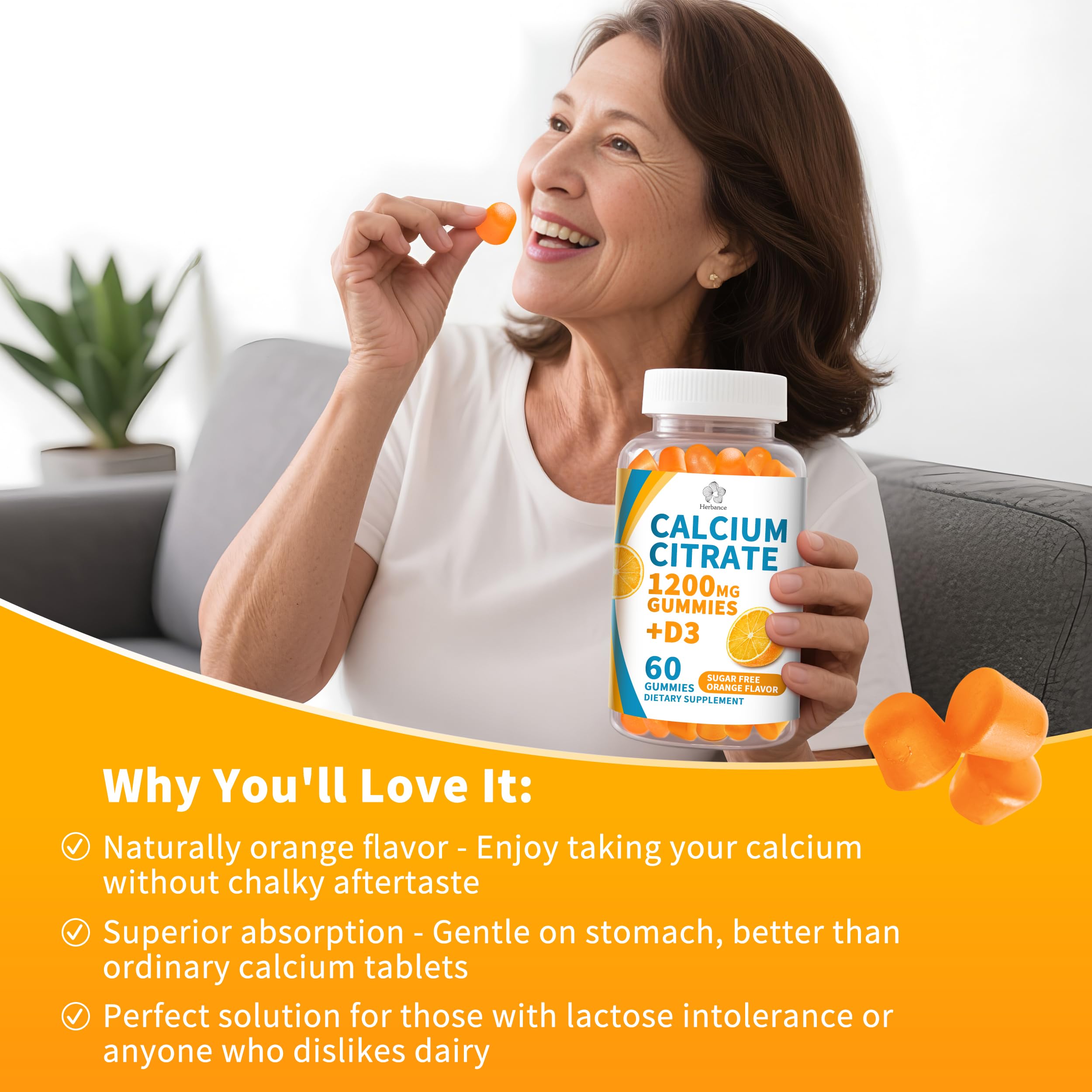 Herbance vegan calcium citrate gummies close-up, allergen-free ingredients