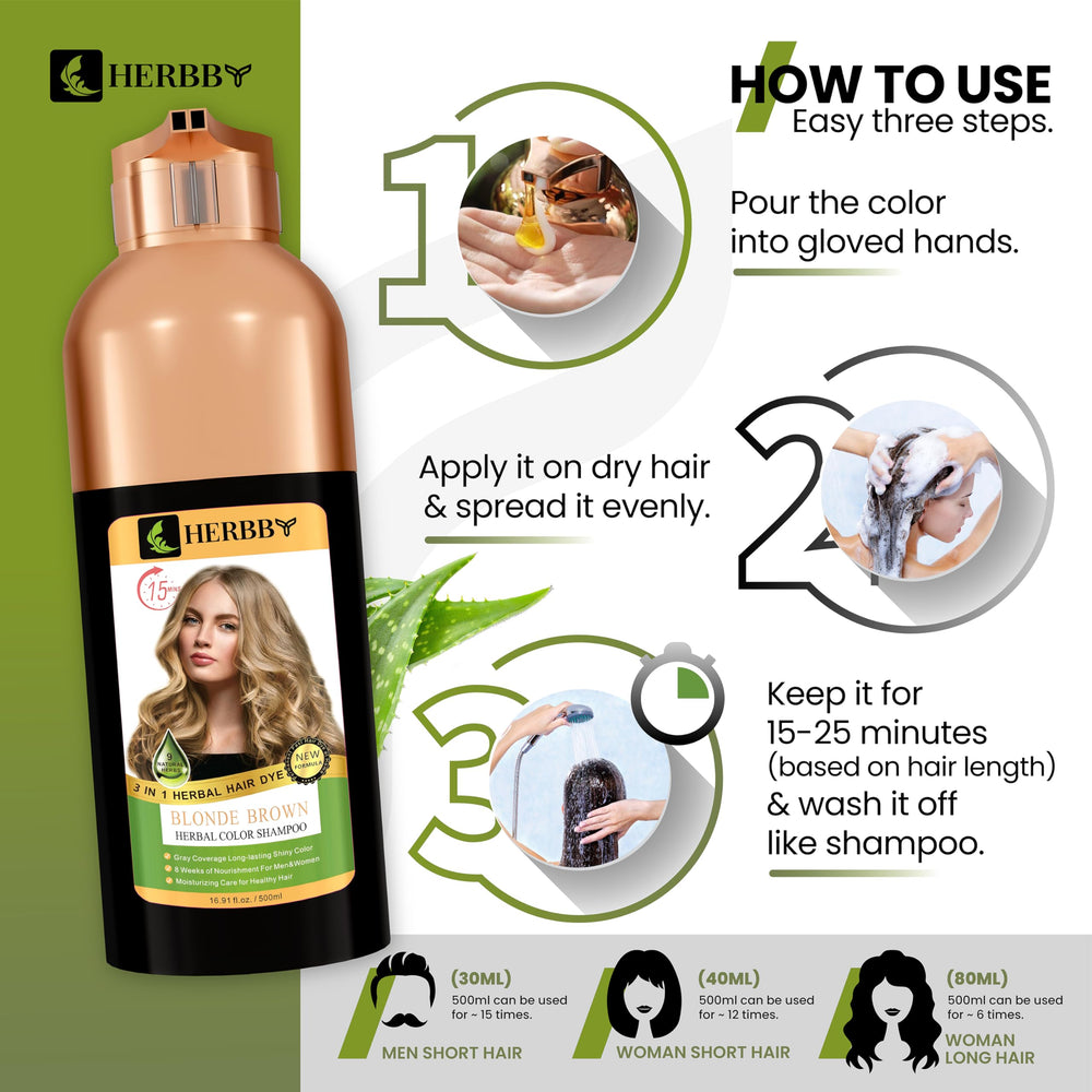 HERBBY home-use dye shampoo and conditioner in bathroom setup