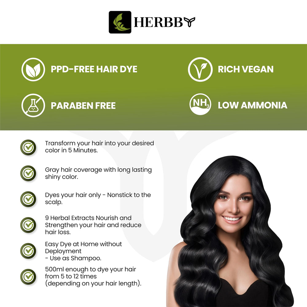 HERBBY color swatches show shade options for a natural black look.