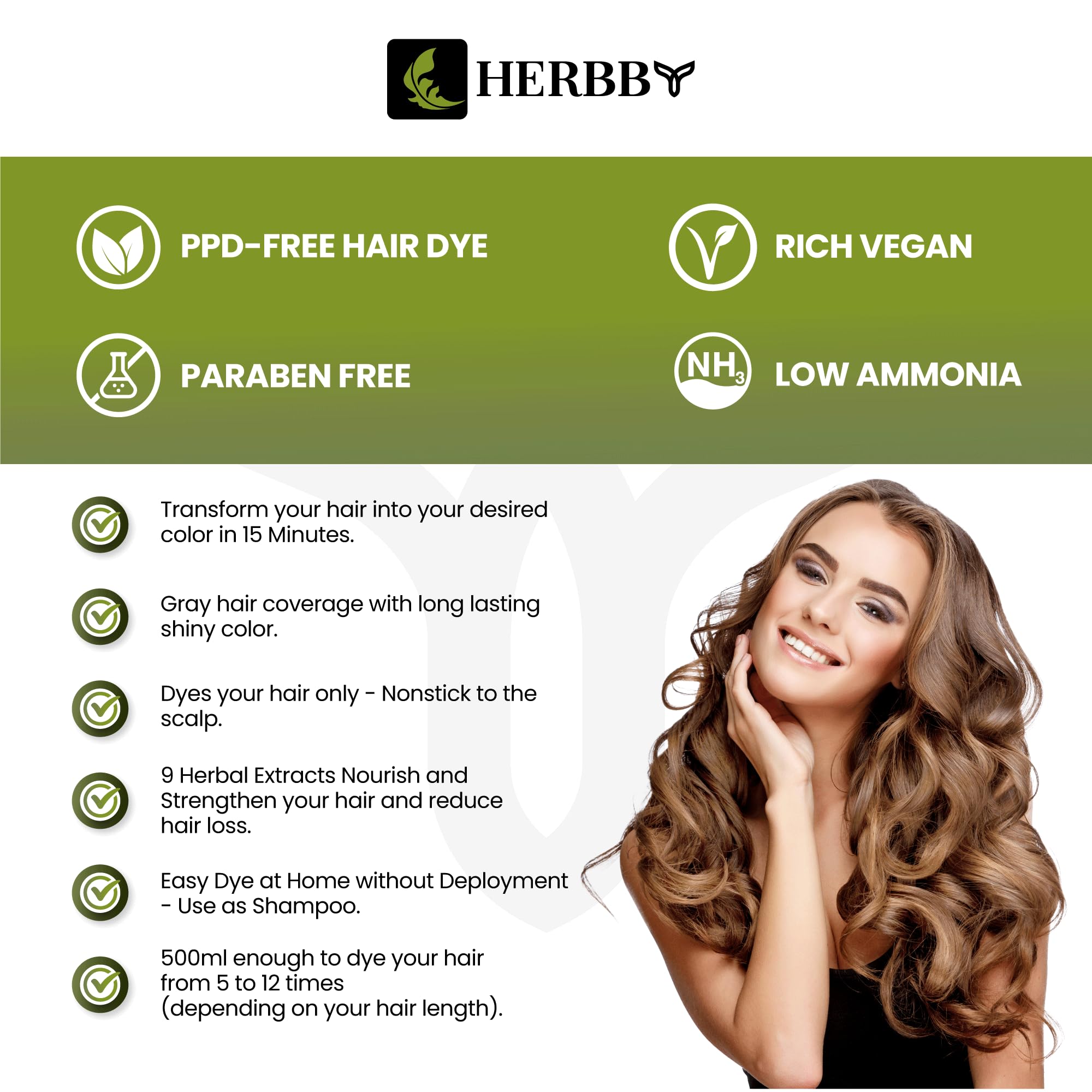 Herbby 9 herbal extracts ingredients panel highlights natural nourishment benefits.