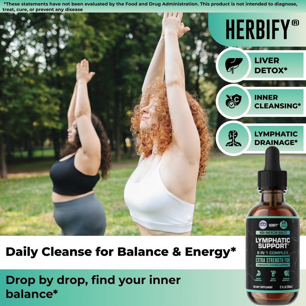HERBIFY Lymphatic Drainage Drops dropper in use over glass for daily use.