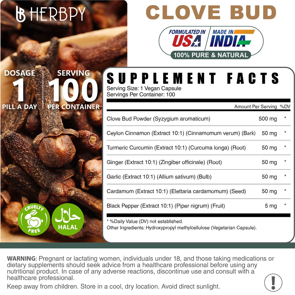 Herbpy 7in1 clove capsules macro highlighting vegan capsules.