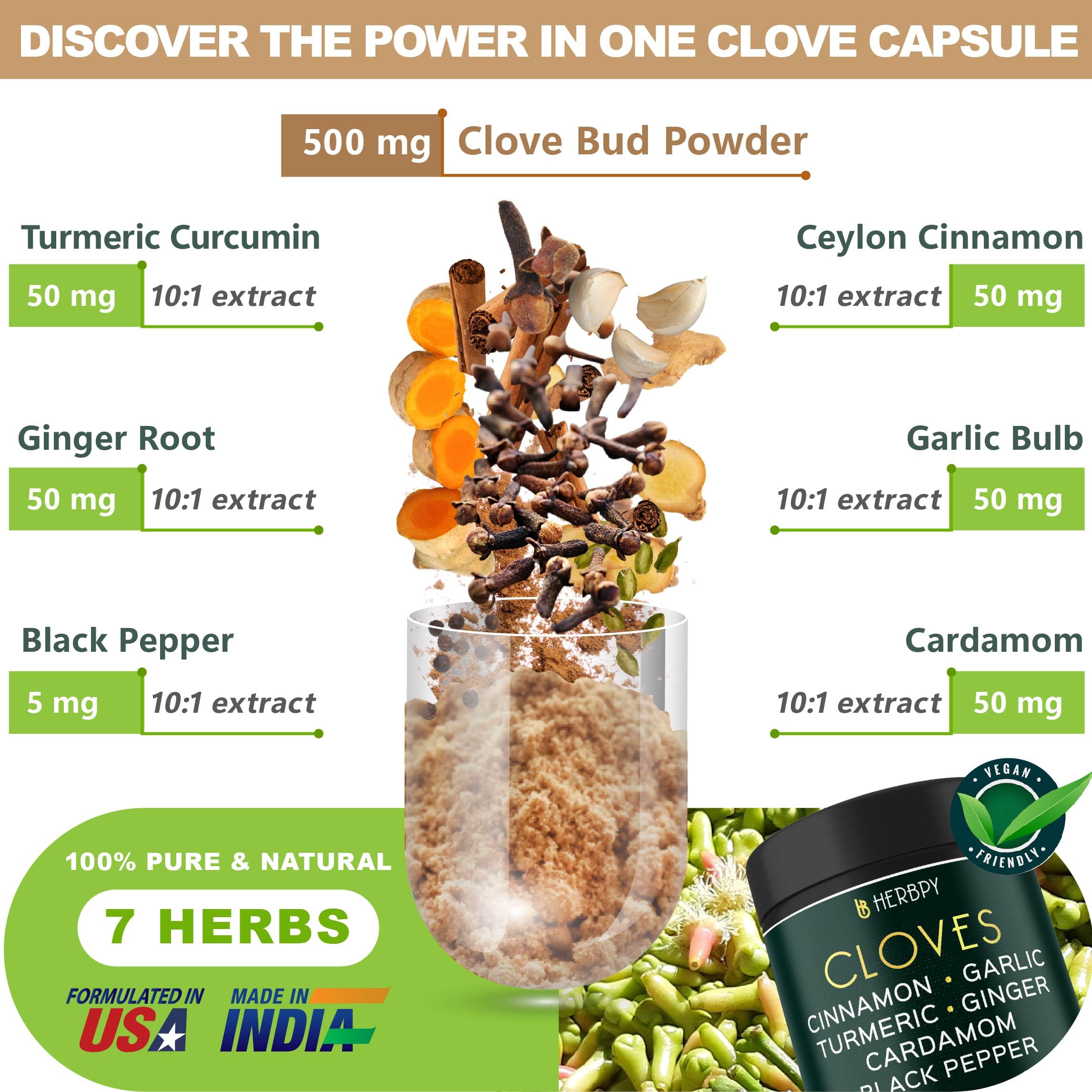 Herbpy 7in1 clove capsules close-up highlighting immune-supporting botanicals.