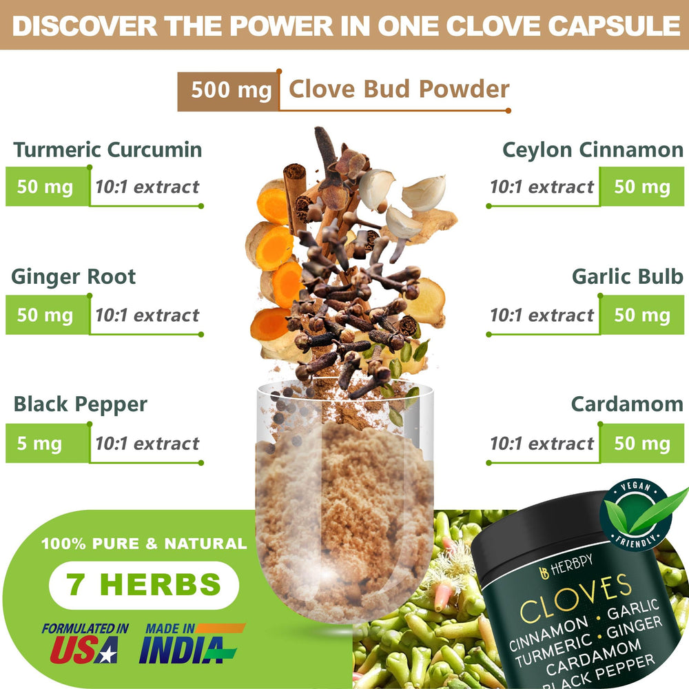 Herbpy 7in1 clove capsules close-up highlighting immune-supporting botanicals.
