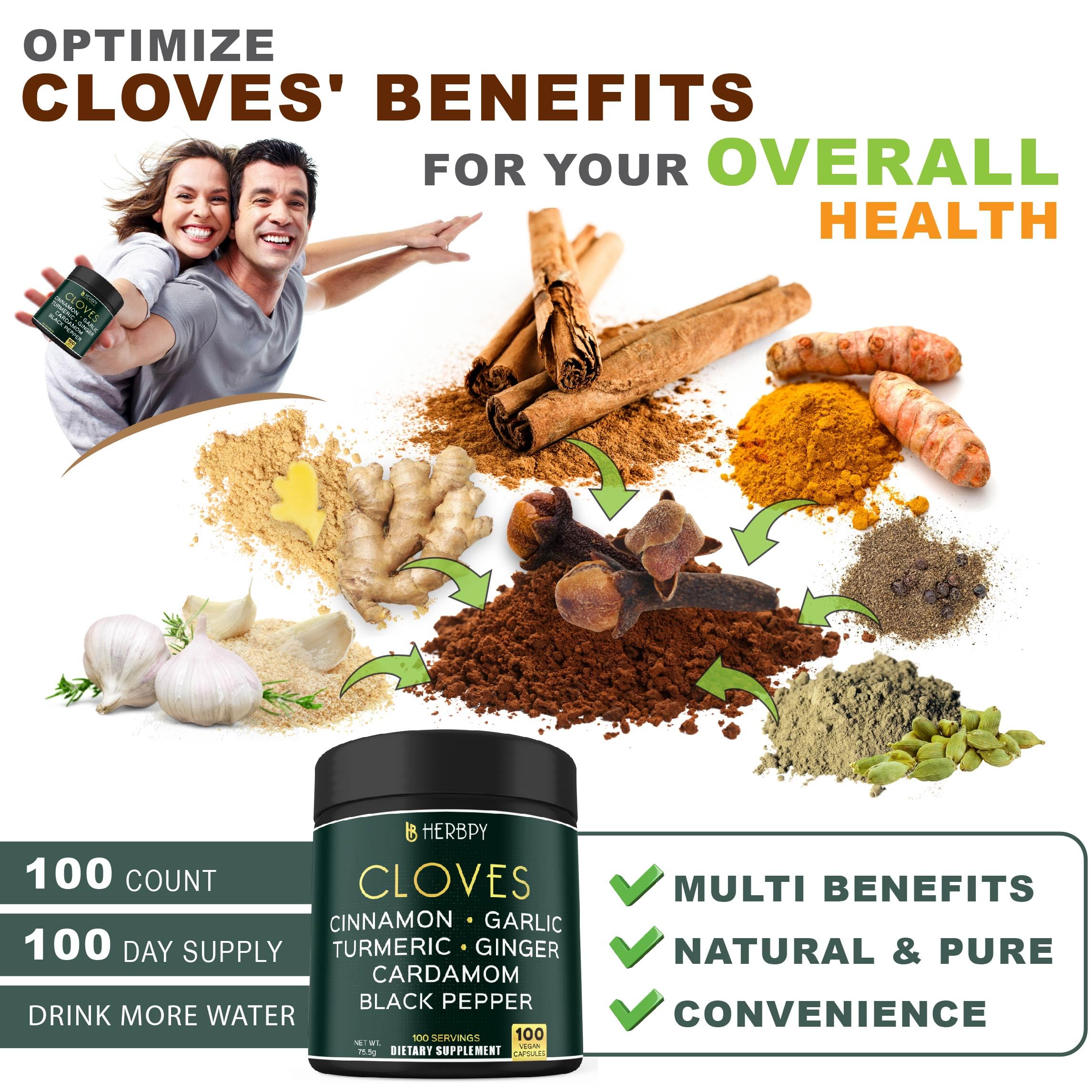 Herbpy 7in1 clove supplement bottle with clear label for transparency.