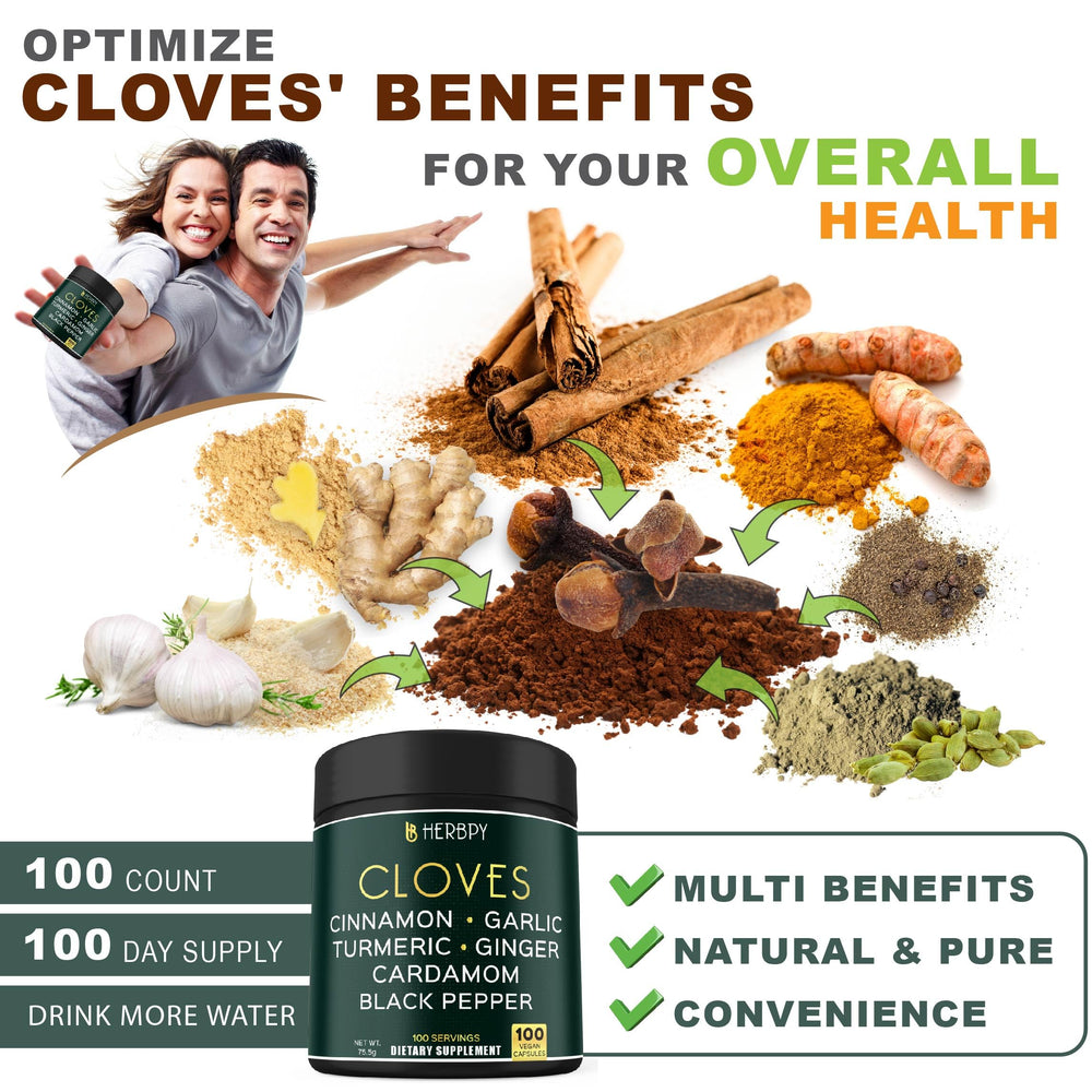 Herbpy 7in1 clove supplement bottle with clear label for transparency.