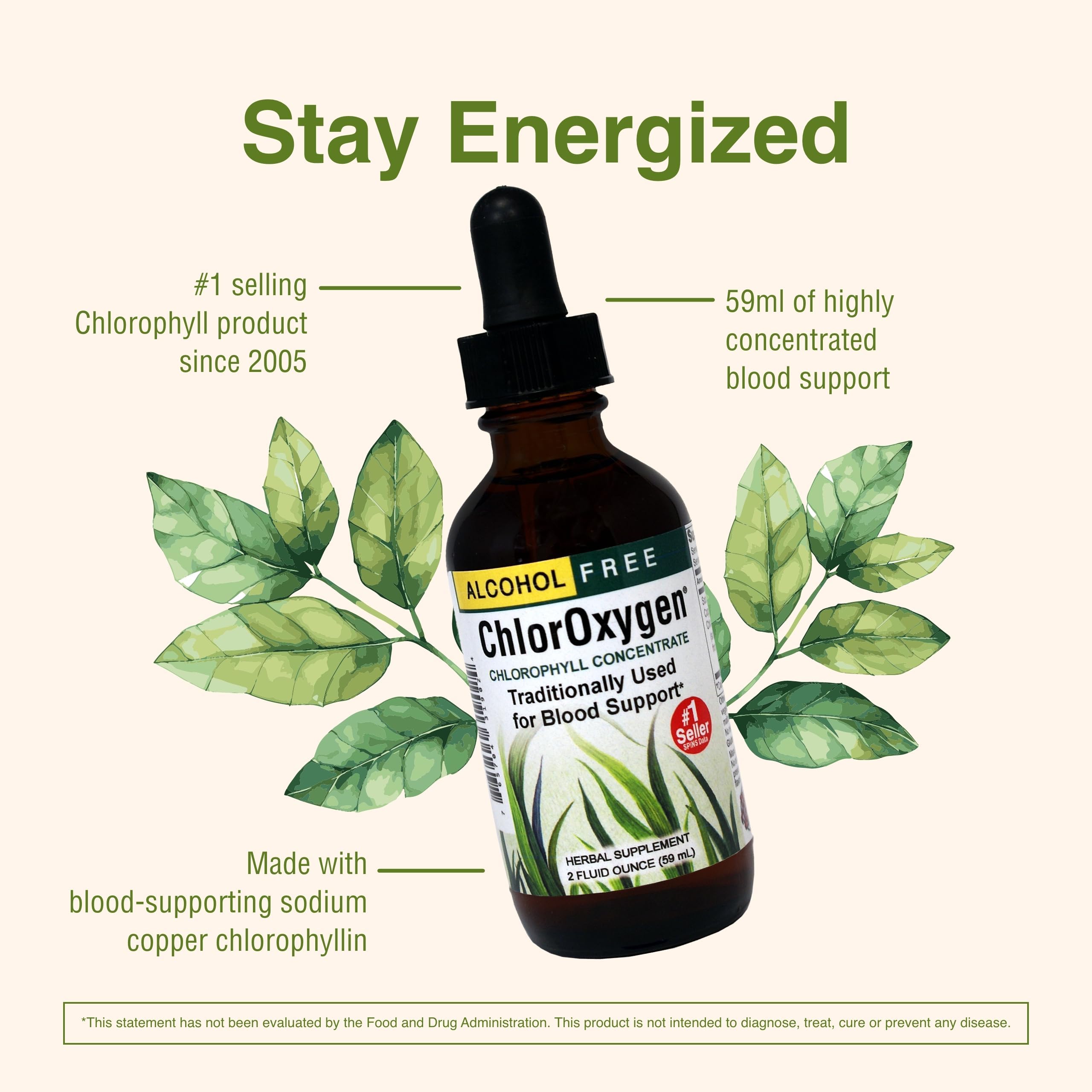 ChlorOxygen alcohol-free label highlights clean, plant-based chlorophyll supplement by Herbs Etc.