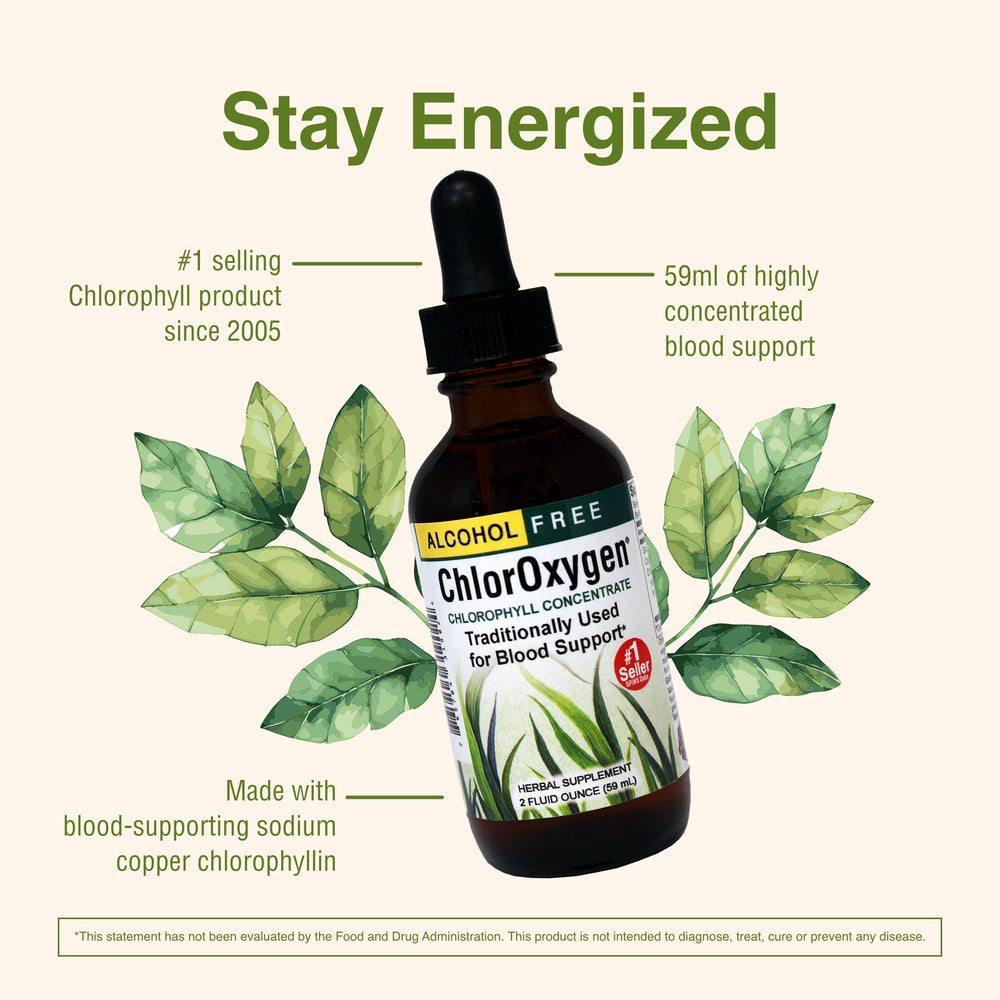 ChlorOxygen alcohol-free label highlights clean, plant-based chlorophyll supplement by Herbs Etc.