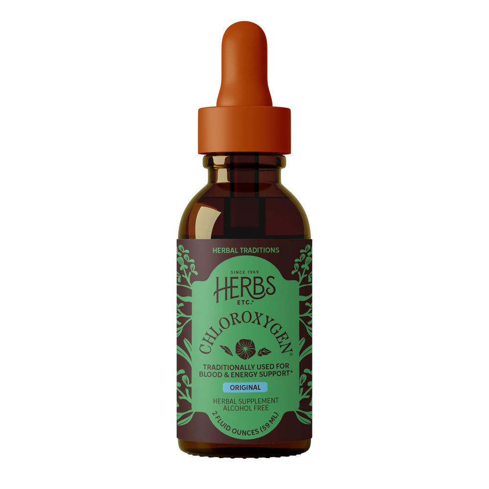 Herbs Etc. ChlorOxygen bottle showcases concentrated chlorophyll for daily energy support.
