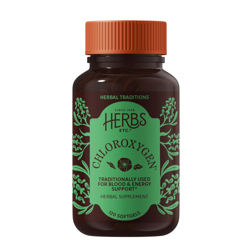 Herbs Etc. ChlorOxygen bottle with chlorophyll concentrate for daily vitality.