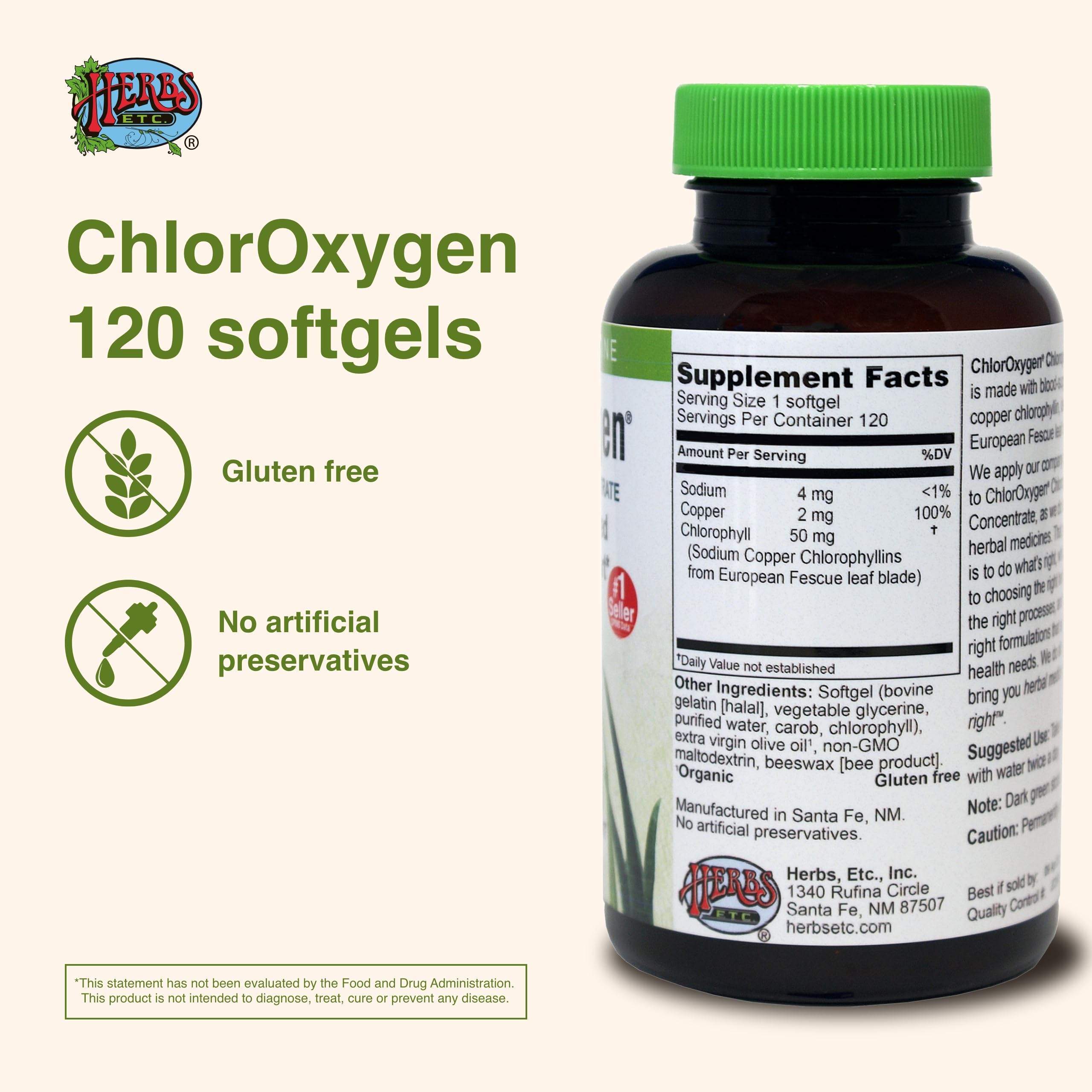 Herbs Etc. ChlorOxygen dosage instruction card highlights twice daily softgels.