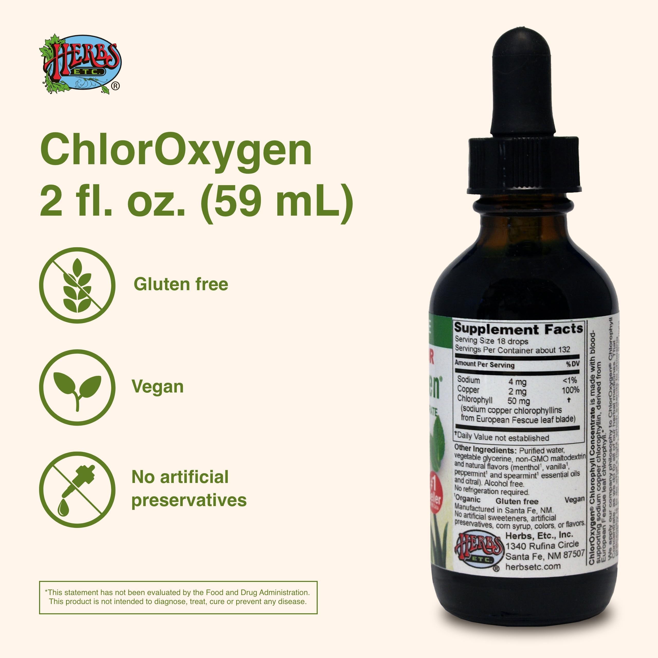 Herbs Etc. ChlorOxygen drops in water for a quick, vegan, gluten-free energy routine.