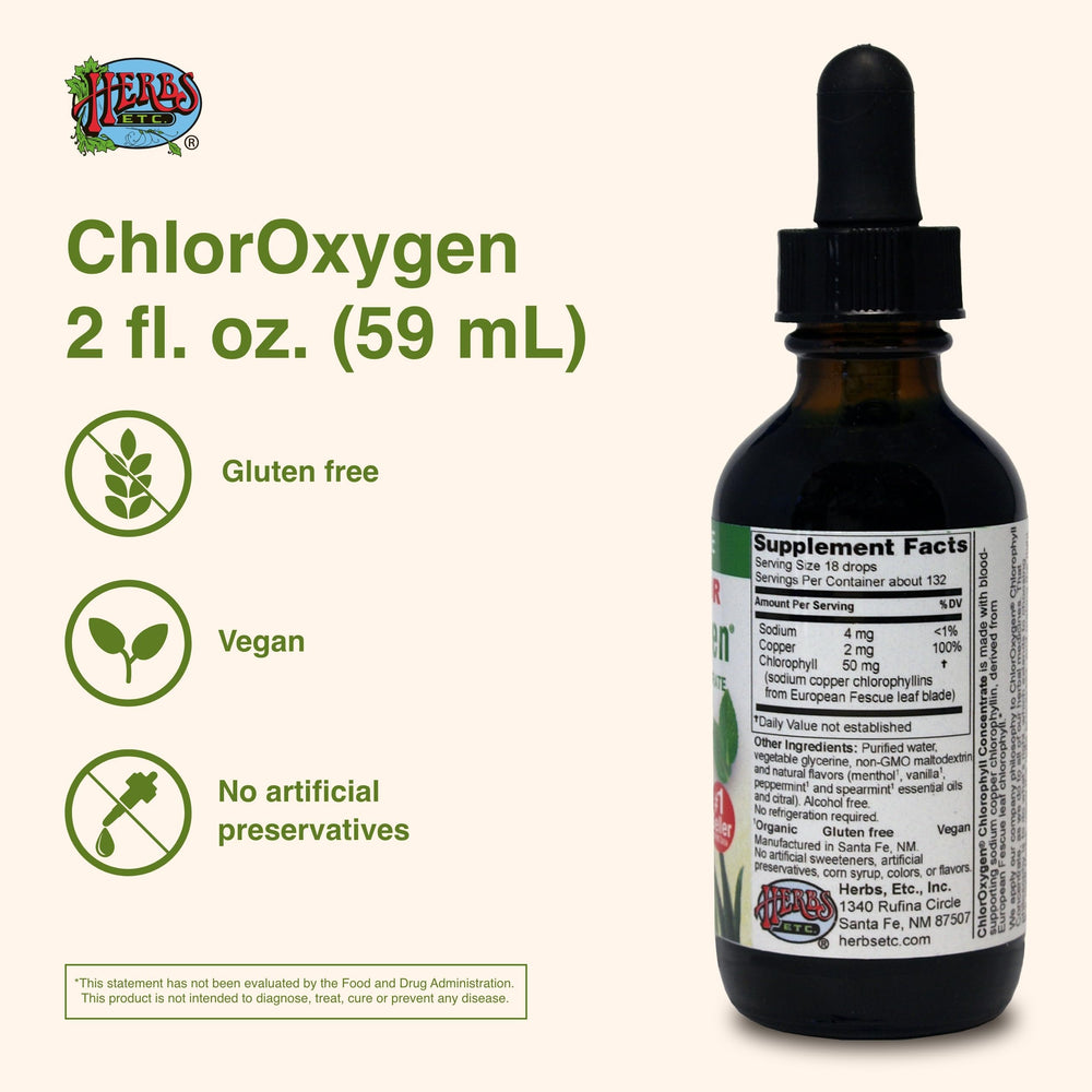 Herbs Etc. ChlorOxygen drops in water for a quick, vegan, gluten-free energy routine.
