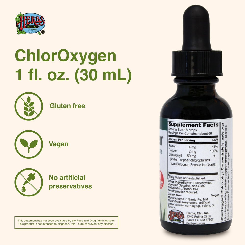 Herbs Etc. ChlorOxygen liquid chlorophyll highlights pure extract for daily energy.