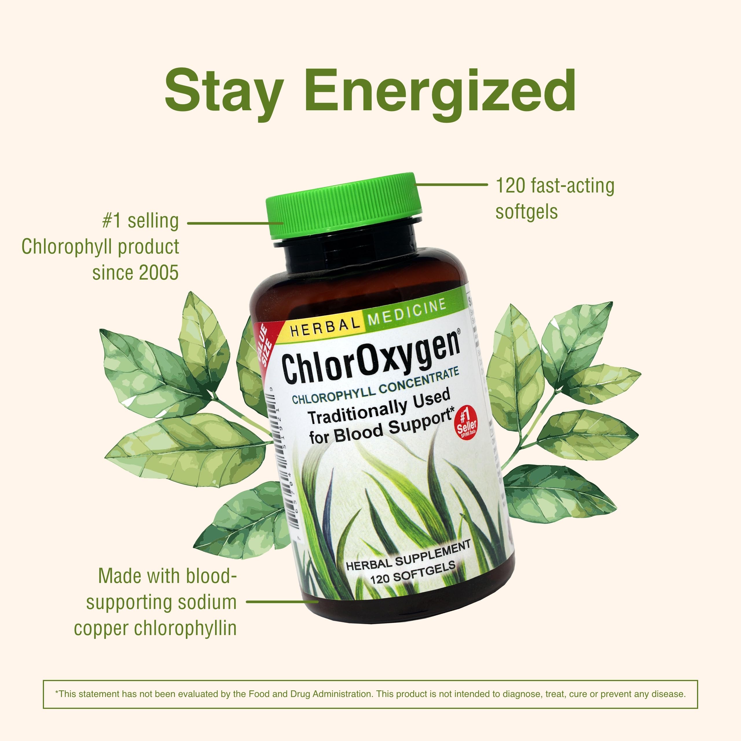 Herbs Etc. ChlorOxygen softgels inside bottle ready for daily use.