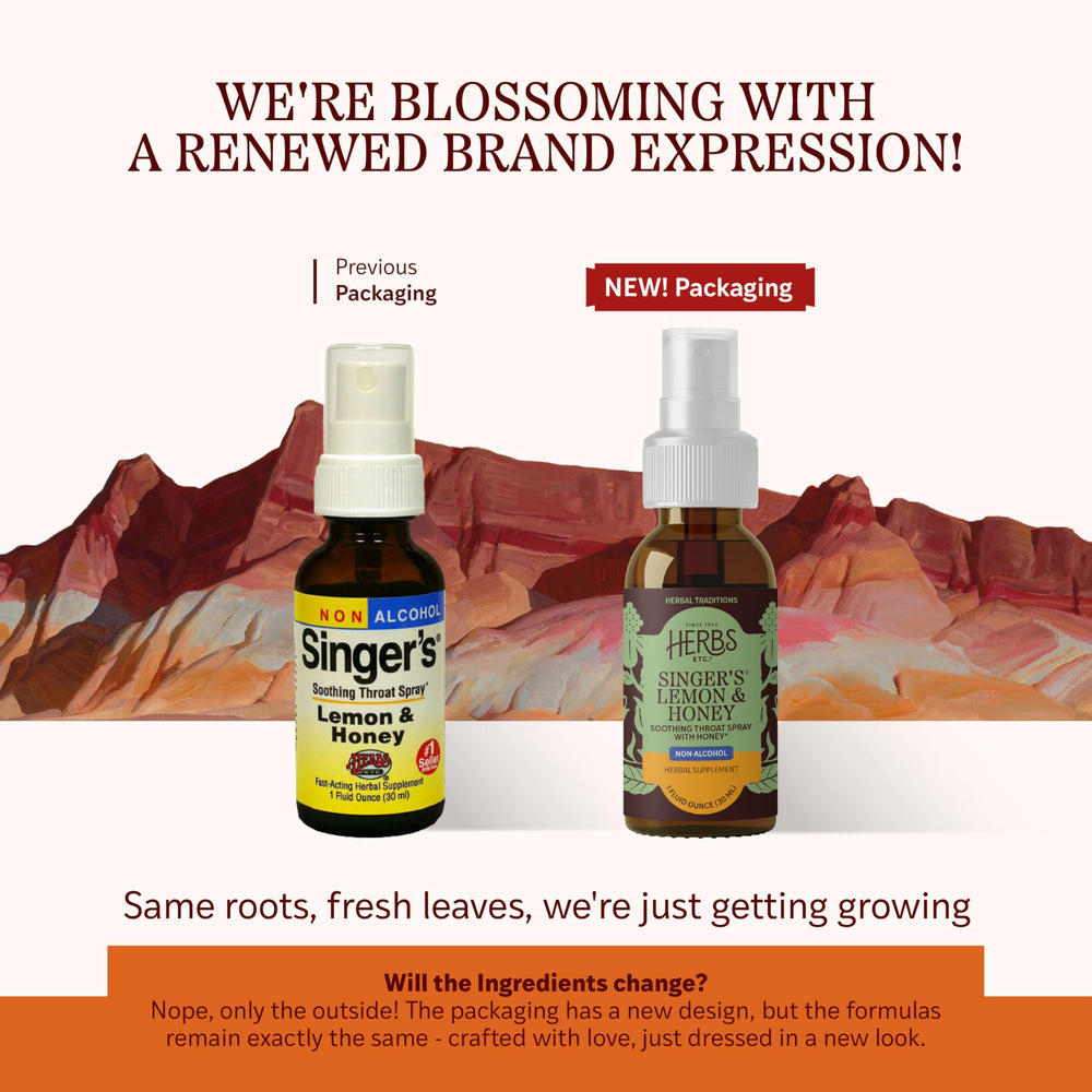 Herbs Etc. Singer's Saving Grace spray dispense for quick throat comfort during performances.