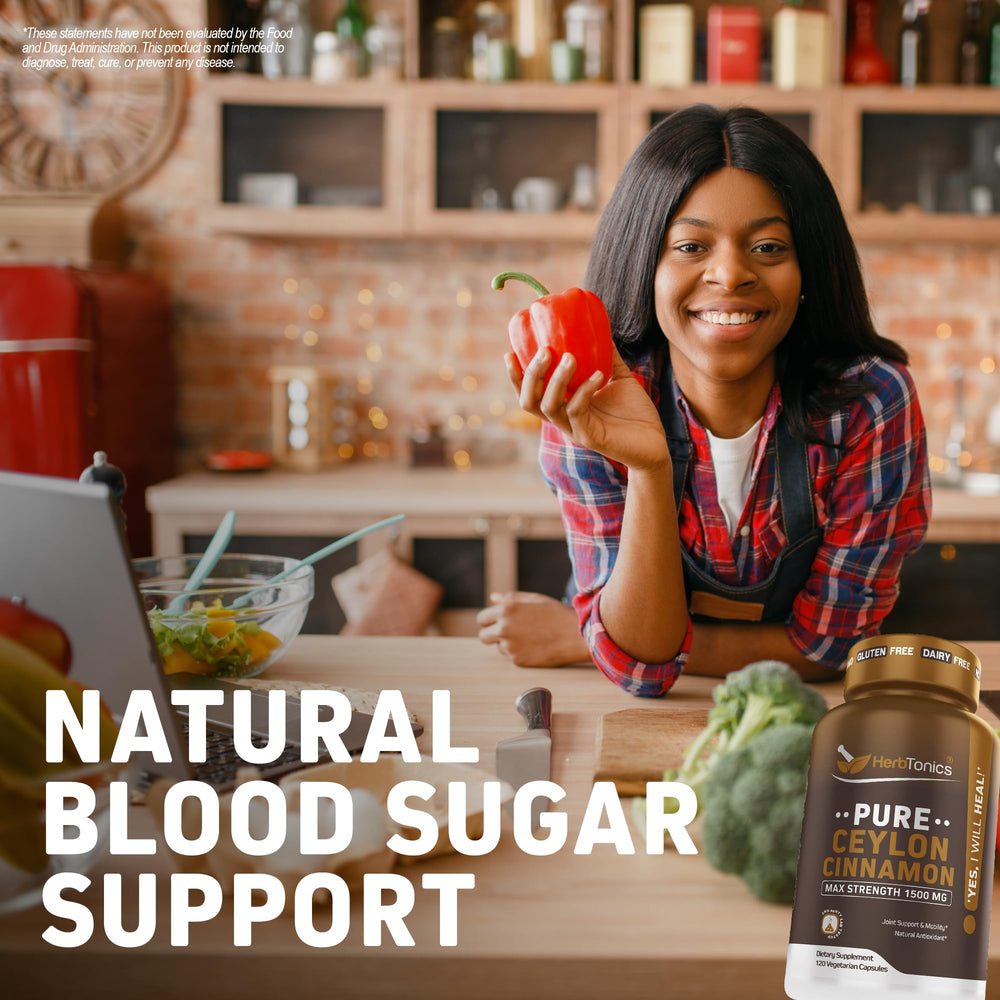 Herbtonics Ceylon cinnamon capsules outside pack showcases gluten-free and non-GMO features.