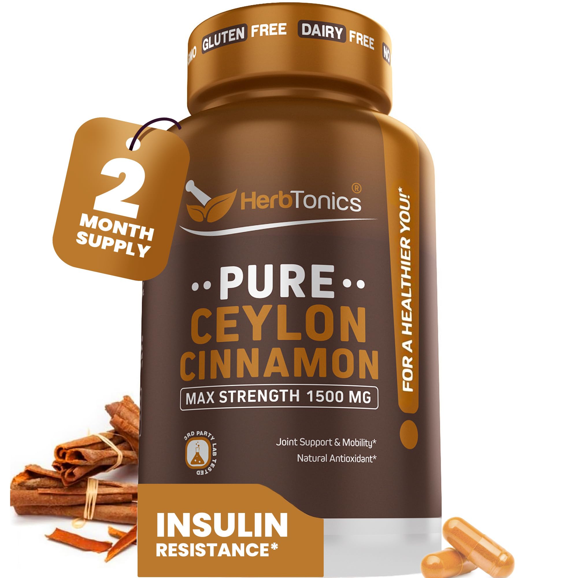 Herbtonics Pure Ceylon Cinnamon capsules bottle supports daily wellness.
