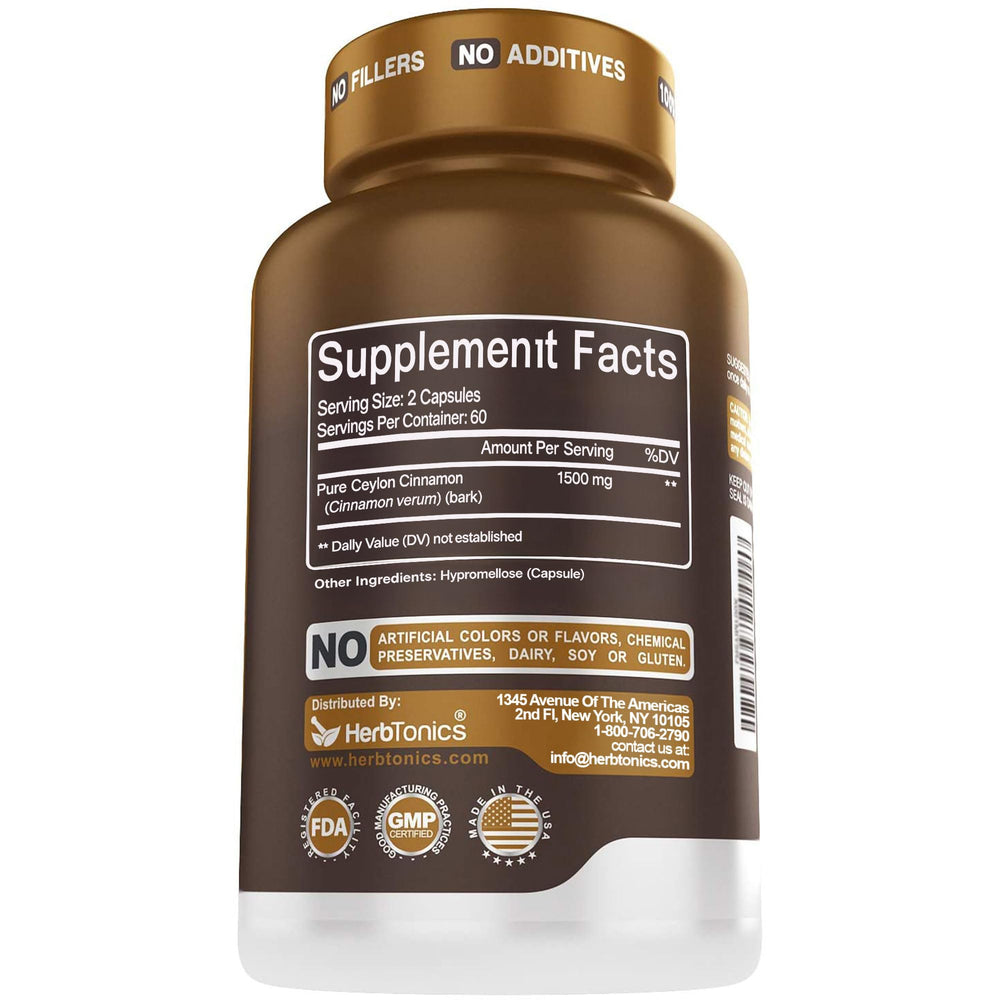 Herbtonics pure Ceylon cinnamon capsules closeup ingredients label informs quality.