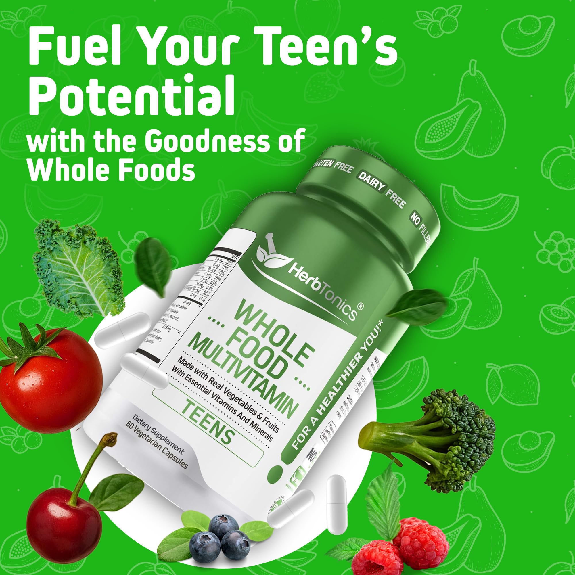 Herbtonics teen vitamins capsules close-up showing plant-based nutrition.