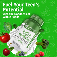Herbtonics teen vitamins capsules close-up showing plant-based nutrition.