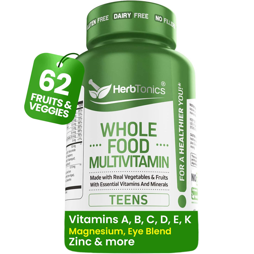 Herbtonics teen vitamins bottle with capsules for daily energy and focus.