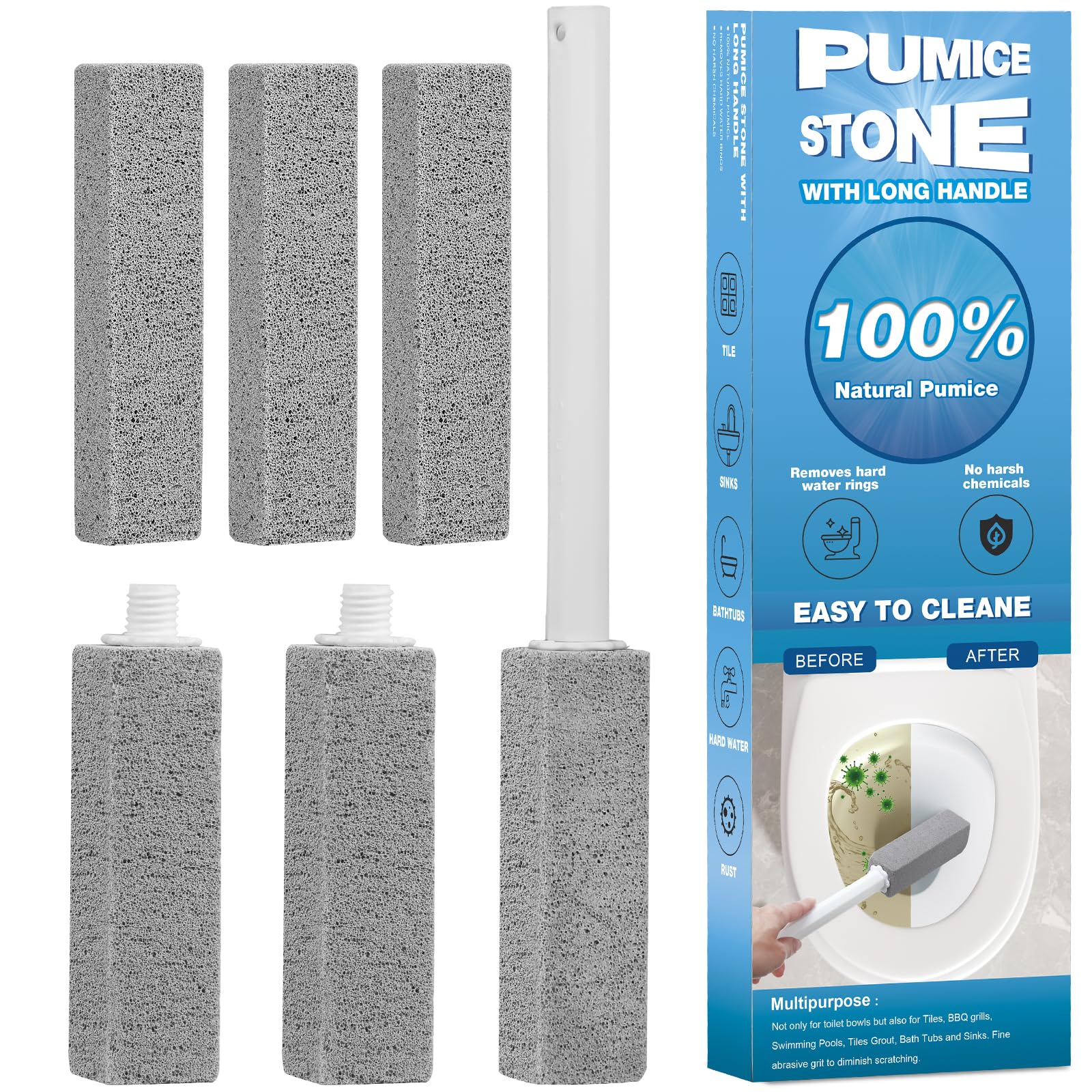 Herda pumice set with handle for easy cleaning of tough bathroom stains.
