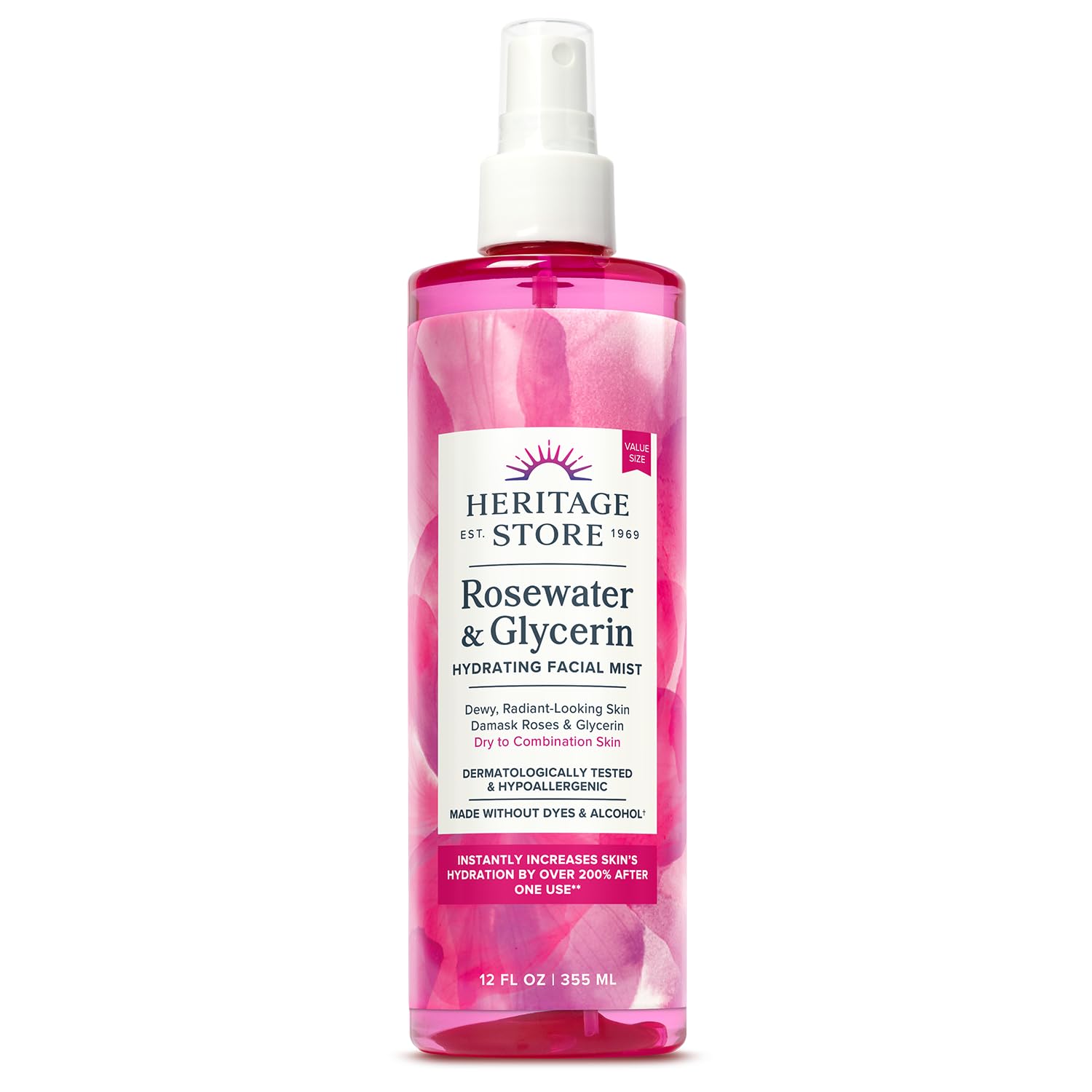 HERITAGE STORE Rosewater & Glycerin mist bottle highlights hydrating formula for daily refresh.