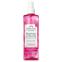 HERITAGE STORE Rosewater & Glycerin mist bottle highlights hydrating formula for daily refresh.