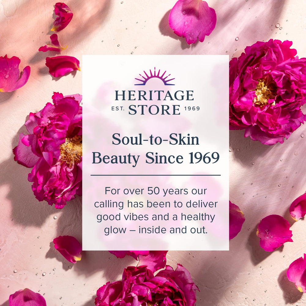 HERITAGE STORE Rosewater & Glycerin mist ingredients panel highlights dye-free formula.