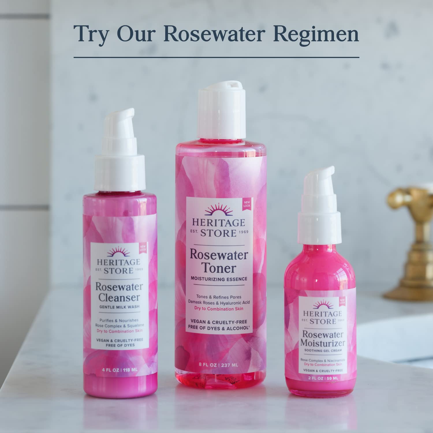 HERITAGE STORE Rosewater & Glycerin mist packaging demonstrates eco-conscious PCR plastic.