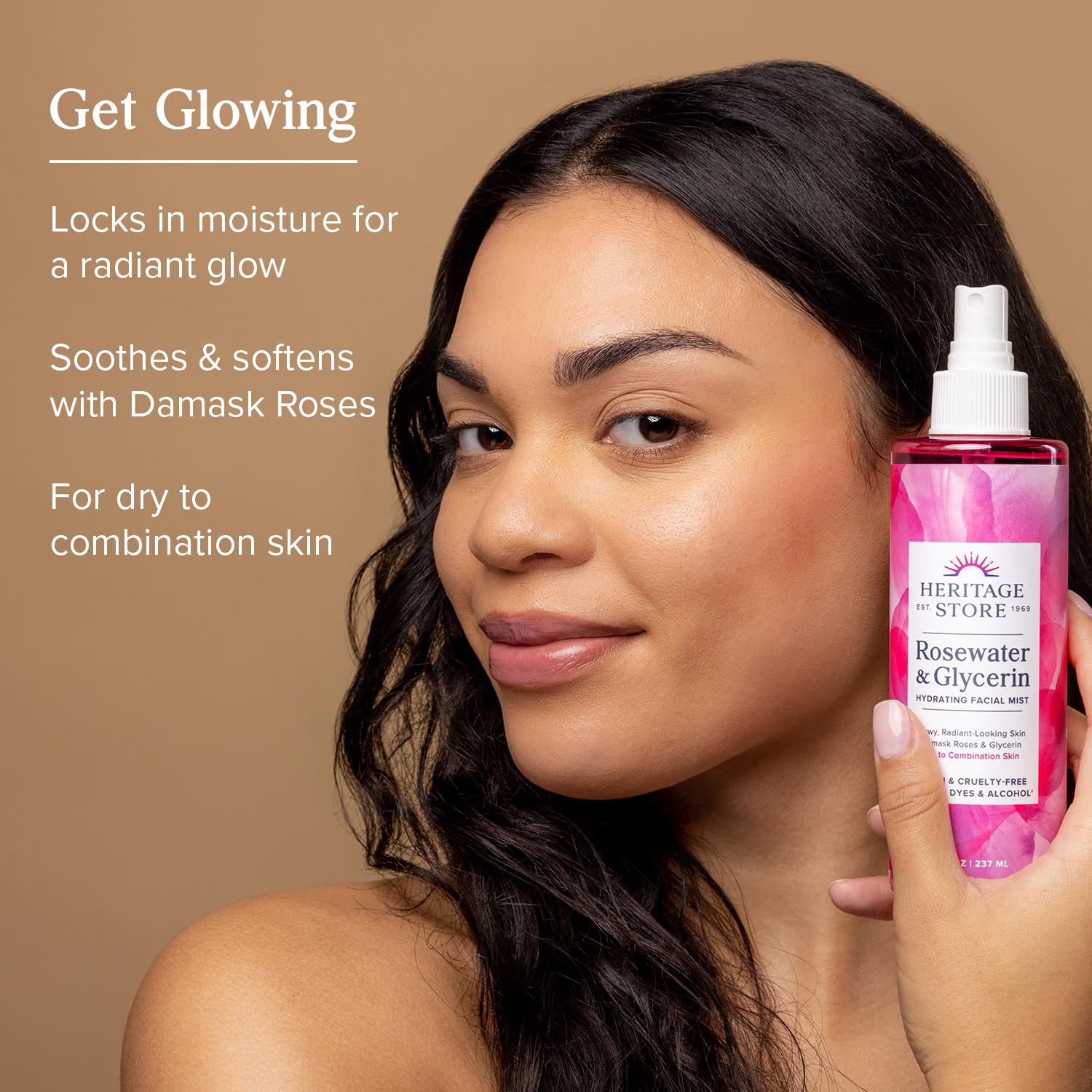 HERITAGE STORE Rosewater & Glycerin mist spray action delivers quick cooling hydration.