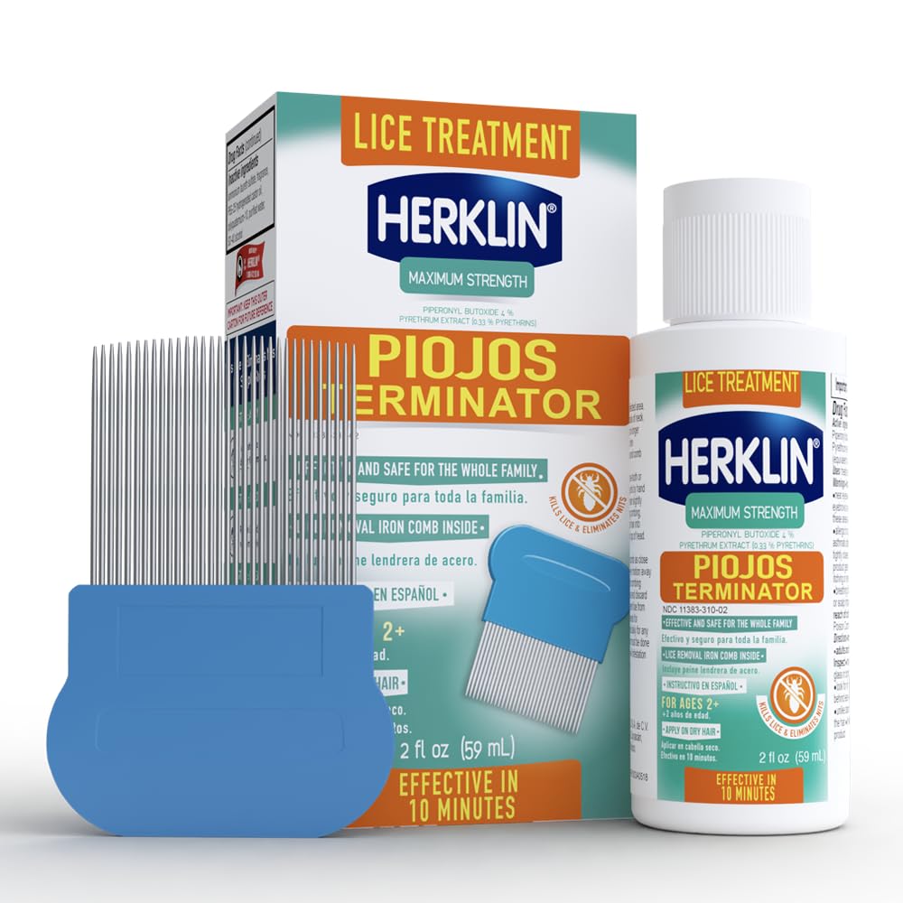 Herklin lice treatment shampoo bottle front view, maximum strength for family use