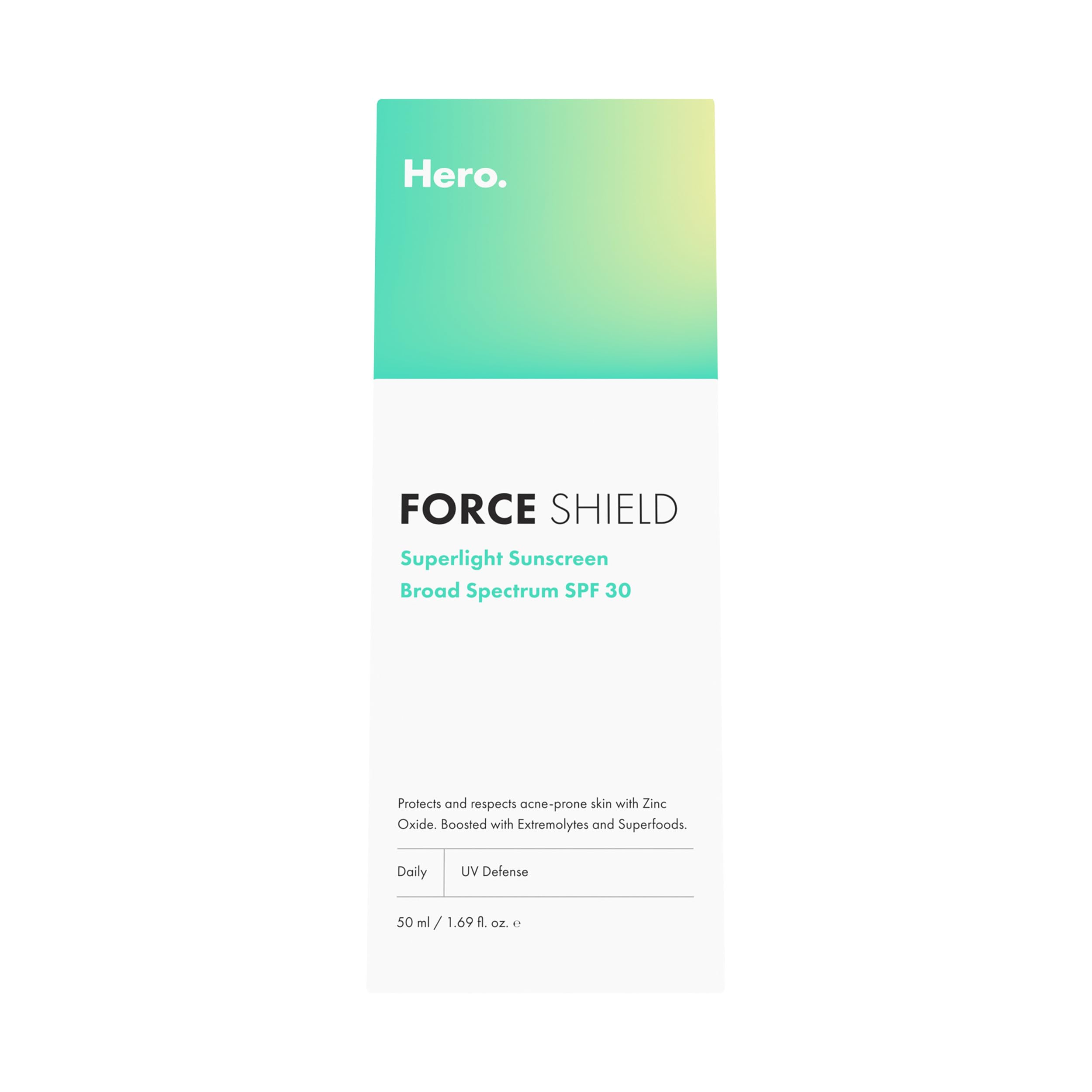 Hero Cosmetics Force Shield Superlight Sunscreen bottle provides daily SPF 30 protection.