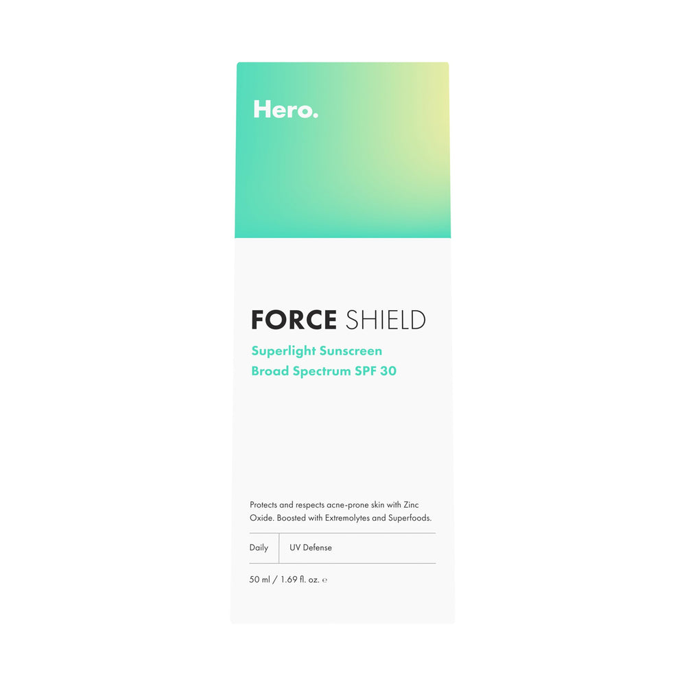 Hero Cosmetics Force Shield Superlight Sunscreen bottle provides daily SPF 30 protection.