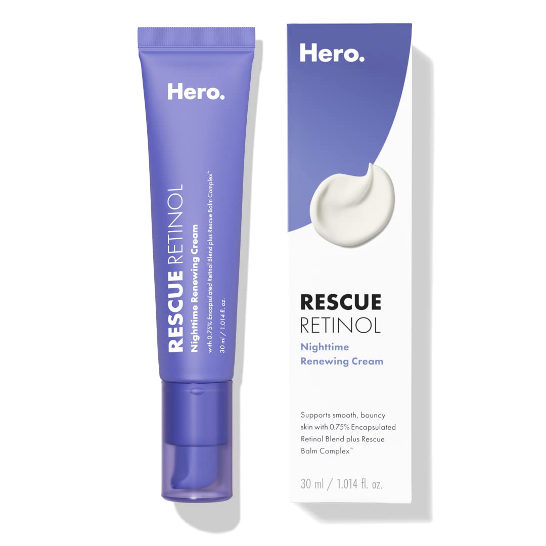 Hero Cosmetics Rescue Retinol Nighttime Cream bottle for a gentle nightly routine improving texture