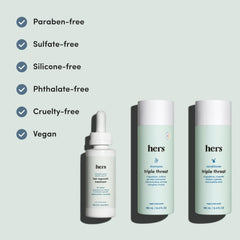 hers biotin and saw palmetto oil bottle highlights nourishing scalp ingredients