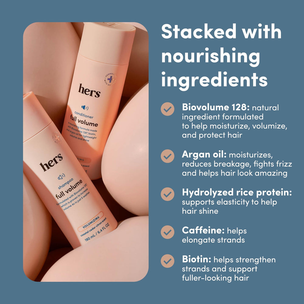 Hims Biovolume-128 conditioner ingredients close-up showing smoothing formula for shine.