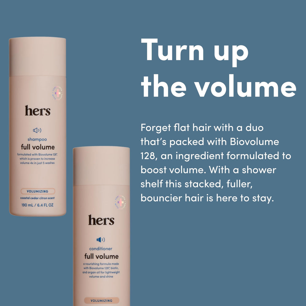 Hims & Hers full volume conditioner bottle adds bounce without weighing hair down.