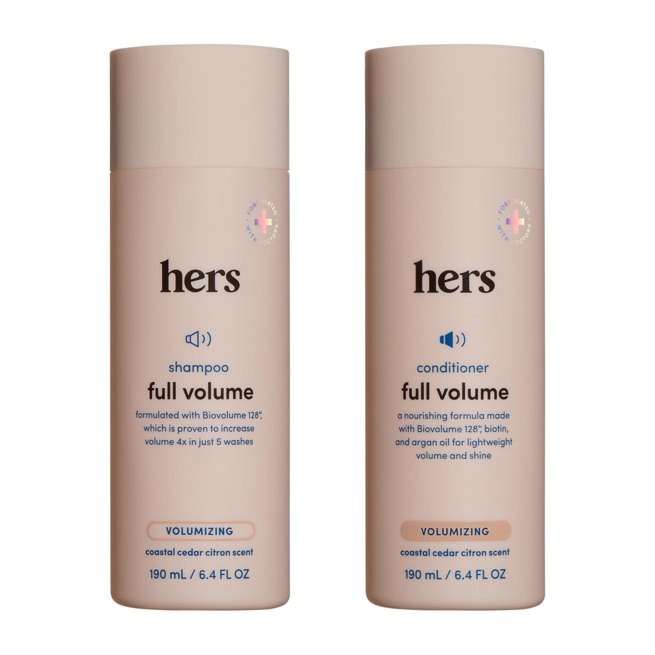 Hims & Hers full volume shampoo bottle enhances fullness with coastal cedar citron scent.