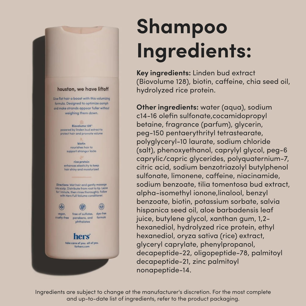 Hims full volume shampoo label close-up with key benefits.
