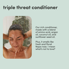 Hers Triple Threat Conditioner application shows easy detangling and moisture.